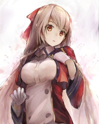 Rule 34 | 1girl, absurdres, azur lane, black neckwear, blush, bow, breasts, brown eyes, brown hair, collared dress, commentary request, dress, gloves, hair bow, hanagin, hand up, highres, jacket, long hair, long sleeves, looking away, looking to the side, medium breasts, parted lips, red bow, red jacket, solo, swiftsure (azur lane), upper body, very long hair, white dress, white gloves, wide sleeves