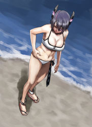 Rule 34 | 10s, 1girl, anklet, azasuke, bare arms, bare legs, bare shoulders, beach, belly grab, bikini, breasts, cleavage, deep skin, eyepatch, feet, from above, full body, headgear, jewelry, kantai collection, large breasts, legs, looking down, navel, necktie, unworn necktie, ocean, outdoors, pinching, plump, purple hair, sand, sandals, shadow, short hair, solo, standing, striped, striped necktie, swimsuit, tenryuu (kancolle), thighs, toes, water, weight conscious, white bikini, yellow eyes