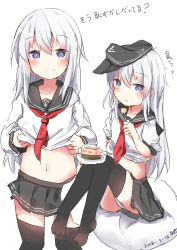 Rule 34 | 1girl, anchor symbol, black hat, black skirt, black thighhighs, blouse, blush, cake, closed mouth, clothes lift, commentary request, dreamusun, flat cap, food, hair between eyes, hat, hibiki (kancolle), highres, horosho, kantai collection, lifted by self, long hair, long sleeves, looking at viewer, multiple views, navel, neckerchief, no shoes, panties, plate, pleated skirt, purple eyes, red neckerchief, school uniform, serafuku, shirt, shirt lift, silver hair, simple background, sitting, sketch, skirt, smile, thighhighs, translation request, underwear, very long hair, white background, white panties, white shirt