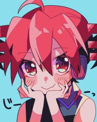 Rule 34 | 1girl, ahoge, blue background, blush stickers, drill hair, fang, fang out, hands on own cheeks, hands on own face, kasane teto, looking at viewer, pink hair, portrait, red eyes, robot ears, shirt, sleeveless, sleeveless shirt, smile, solo, translation request, twin drills, utau, yuusuke-kun