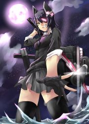 Rule 34 | 10s, 1girl, absurdres, black thighhighs, breasts, eyepatch, fingerless gloves, full moon, ganagoa, gloves, glowing, headgear, highres, kantai collection, looking at viewer, moon, night, night sky, ocean, over shoulder, purple hair, school uniform, short hair, signature, skirt, sky, small breasts, smile, solo, star (sky), star (symbol), starry sky, sword, sword over shoulder, tenryuu (kancolle), thighhighs, water, weapon, weapon over shoulder, yellow eyes