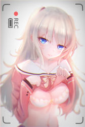 Rule 34 | 10s, 1girl, absurdres, blue eyes, blurry, blush, bow, bra, breasts, charlotte (anime), closed mouth, clothes lift, depth of field, eyebrows, eyelashes, head tilt, highres, lace, lace-trimmed bra, lace trim, lifted by self, long hair, long sleeves, looking at viewer, medium breasts, navel, pout, recording, school uniform, serafuku, shirt lift, silver hair, solo, stomach, tomori nao, two side up, underwear, viewfinder, white bra, xing, yellow bow
