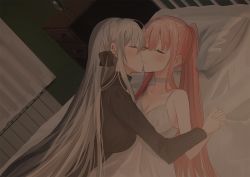 Rule 34 | 2girls, bare shoulders, bed, black ribbon, black sweater, blush, breasts, chihuri, choker, cleavage, closed eyes, closed mouth, collarbone, commentary, curtains, dress, dutch angle, girl on top, grey hair, hair between eyes, hair ribbon, hand up, high ponytail, highres, holding hands, interlocked fingers, kiss, large breasts, long hair, long sleeves, lying, medium breasts, multiple girls, on back, on stomach, original, pillow, pink hair, raised eyebrows, ribbed sweater, ribbon, sideboob, sidelocks, sleeveless, sleeveless dress, spaghetti strap, sweater, table, turtleneck, turtleneck sweater, upper body, very long hair, white choker, white dress, yana (chihuri), yuri, zoya petrovna vecheslova