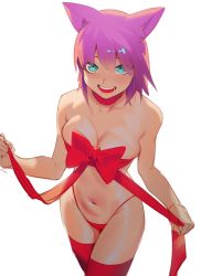 Rule 34 | 1girl, animal ears, aqua eyes, bare shoulders, blush, breasts, cat ears, choker, cleavage, cowboy shot, highres, looking at viewer, medium breasts, navel, nearly naked ribbon, open mouth, original, pink hair, pokoporoko, red choker, red thighhighs, short hair, simple background, smile, solo, thighhighs, white background