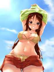 Rule 34 | 1girl, armpits, bikini, blush, breasts, brown eyes, brown hair, collarbone, glasses, grin, jewelry, june (ne z asa), k-on!, large breasts, long hair, looking at viewer, looking down, navel, necklace, parted lips, red shorts, shorts, sky, smile, solo, swimsuit, undressing, yamanaka sawako, yellow bikini