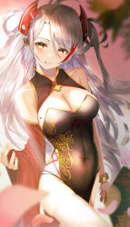 Rule 34 | 1girl, antenna hair, azur lane, bangle, bare shoulders, black dress, blurry, blush, bracelet, breasts, china dress, chinese clothes, cleavage, covered navel, cowboy shot, cross, depth of field, detached sleeves, dress, floral print, hand fan, headgear, highres, holding, holding fan, iron cross, jewelry, large breasts, long hair, long sleeves, looking at viewer, mole, mole on breast, multicolored hair, parted lips, pelvic curtain, print dress, prinz eugen (azur lane), red hair, silver hair, solo, straight hair, streaked hair, swept bangs, thighs, two-tone hair, two side up, very long hair, yellow eyes, yk (pixiv43531291)
