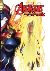 Rule 34 | 1girl, absurdres, armor, avengers: tech on, avengers (series), breasts, captain marvel, clenched hand, comic cover, copyright name, cover, cover page, glowing, glowing eye, highres, logo, looking at viewer, marvel, medium breasts, official art, orange eyes, power armor, shimizu eiichi, solo, white background