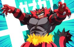 Rule 34 | 1boy, abs, character name, claws, colored sclera, commentary request, creatures (company), emphasis lines, furry, furry male, game freak, gen 7 pokemon, green eyes, incineroar, looking at viewer, male focus, muscular, muscular male, nintendo, open mouth, pectorals, pokemon, pokemon (creature), rossciaco, sharp teeth, solo, tail, teeth, tongue, yellow sclera