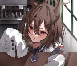 Rule 34 | 1girl, absurdres, agnes tachyon (umamusume), animal ears, black necktie, black shirt, breasts, brown hair, closed mouth, coat, collared shirt, commentary request, double-parted bangs, earrings, flask, hair between eyes, highres, horse ears, horse girl, indoors, jacket, jewelry, kaede nekoshima, lab coat, laboratory, lapels, light blush, medium hair, necktie, notched lapels, open clothes, open coat, pen, red eyes, shirt, short necktie, sidelocks, single earring, sleeves past fingers, sleeves past wrists, small breasts, smile, solo, sweater, table, teeth, umamusume, upper body, white jacket, yellow sweater