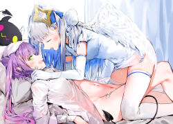 Rule 34 | 2girls, amane kanata, angel, angel wings, bandaid, bandaid on cheek, bandaid on face, bandaid on leg, blue hair, blush, breasts, closed eyes, colored inner hair, covered navel, demon tail, dress, dress shirt, ear piercing, elbow gloves, feathered wings, gloves, green eyes, grey hair, hair ornament, hairclip, halo, highres, hololive, indoors, long hair, multicolored hair, multiple girls, naked shirt, navel, on bed, open mouth, piercing, pillow, pink hair, purple hair, shirt, short dress, short sleeves, silver (chenwen), skindentation, small breasts, smile, star halo, streaked hair, tail, thighhighs, tokoyami towa, twintails, virtual youtuber, white dress, white gloves, white shirt, white thighhighs, wings, yuri, zettai ryouiki