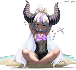 Rule 34 | 1girl, absurdres, alternate costume, armpits, arms up, barefoot, beach, black horns, black one-piece swimsuit, breasts, collarbone, covered navel, dated, demon horns, feet, grey hair, hair between eyes, hair ornament, hair scrunchie, highleg, highleg swimsuit, highres, hololive, horns, indian style, la+ darknesss, long hair, midnight (midnightstream3), multicolored hair, nail polish, one-piece swimsuit, outdoors, pointy ears, purple hair, purple one-piece swimsuit, scrunchie, signature, sitting, small breasts, solo, streaked hair, striped horns, swept bangs, swimsuit, tail, toenail polish, toenails, toes, two-tone swimsuit, tying hair, very long hair, virtual youtuber, wet, white background