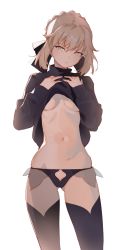 Rule 34 | 1girl, absurdres, artoria pendragon (all), artoria pendragon (fate), arutera, bikini, black panties, black thighhighs, blonde hair, braid, breasts, bright pupils, clothes lift, contrapposto, fate (series), gluteal fold, hair ribbon, half-closed eyes, hands on own chest, highres, long sleeves, navel, no bra, panties, parted lips, ribbon, saber alter, simple background, small breasts, solo, standing, sweater, sweater lift, swimsuit, thighhighs, turtleneck, turtleneck sweater, underboob, underwear, white background, white pupils, yellow bikini