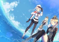 Rule 34 | 3girls, ;), bad id, bad pixiv id, bismarck (kancolle), black gloves, black legwear, black skirt, blonde hair, blue eyes, blue sky, breasts, capelet, cloud, covered navel, day, dutch angle, gloves, graf zeppelin (kancolle), grey hat, grey legwear, hand on own hip, hat, highres, index finger raised, jacket, kantai collection, katee, large breasts, long hair, looking at viewer, miniskirt, multiple girls, necktie, ocean, one eye closed, outdoors, pantyhose, pleated skirt, prinz eugen (kancolle), short necktie, skirt, sky, smile, thighhighs, twintails, white capelet, white gloves, white jacket