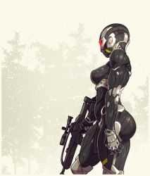 Rule 34 | 1girl, ass, assault rifle, black bodysuit, bodysuit, breasts, commentary, covered erect nipples, covered face, crysis, english commentary, finger on trigger, goggles, gun, holding, holding gun, holding weapon, justrube, knee pads, large breasts, power suit, red-tinted eyewear, rifle, science fiction, scope, simple background, skin tight, solo, thick thighs, thighs, tinted eyewear, weapon