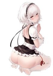 Rule 34 | ann (ann58533111), apron, ass, azur lane, back, blush, breasts, crossed bangs, frills, hairband, highres, lace-trimmed hairband, lace trim, large breasts, legs, looking at viewer, maid, maid apron, no panties, red eyes, saliva, seiza, short hair, sidelocks, simple background, sirius (azur lane), sitting, solo, thighhighs, white background, white hair