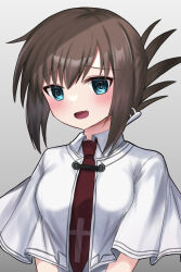 Rule 34 | 1girl, @ @, aqua eyes, arms at sides, blush, brown hair, capelet, commentary request, crazy, crazy eyes, fang, folded ponytail, grey background, hair between eyes, highres, looking at viewer, mahigu re, medium hair, necktie, open mouth, print necktie, red necktie, school uniform, simple background, skin fang, smile, solo, subarashiki hibi, tachibana kimika, upper body, white capelet