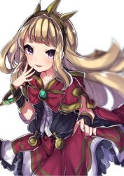 Rule 34 | 10s, 1girl, :d, arm warmers, black jacket, blonde hair, blunt bangs, blush, bow, bowtie, bracelet, brooch, cagliostro (granblue fantasy), cape, collarbone, cowboy shot, crown, fingernails, gem, granblue fantasy, green gemstone, hairband, hand on own cheek, hand on own face, highres, jacket, jewelry, long hair, looking at viewer, open clothes, open jacket, open mouth, parted lips, purple eyes, red bow, red bowtie, red skirt, ribbon, shirt, sidelocks, simple background, skirt, skirt hold, smile, solo, takeshima eku, teeth, tiara, white background, white shirt