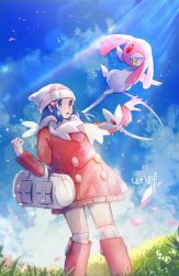 Rule 34 | 1girl, bag, beanie, blue eyes, blue hair, boots, cloud, coat, creatures (company), dawn (pokemon), day, duffel bag, eyelashes, from below, game freak, gen 4 pokemon, grass, hanenbo, hat, highres, knees, legendary pokemon, lens flare, long sleeves, mesprit, nintendo, open mouth, outdoors, over-kneehighs, petals, pink footwear, pokemon, pokemon (creature), pokemon dppt, pokemon platinum, red coat, scarf, signature, sky, standing, thighhighs, tongue, white bag, white headwear, white scarf, white thighhighs
