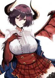 Rule 34 | 10s, 1girl, astraea (atelierastraea), black thighhighs, breast suppress, breasts, brown eyes, center frills, closed mouth, dragon horns, dragon wings, frills, frown, granblue fantasy, grea (shingeki no bahamut), hair between eyes, head tilt, highres, horns, large breasts, looking at viewer, off shoulder, plaid, plaid skirt, pleated skirt, purple hair, red skirt, shingeki no bahamut, shirt, short hair, skirt, solo, thighhighs, white background, white shirt, wings