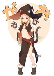 Rule 34 | 1girl, :d, absurdres, animal ear fluff, animal ears, animal hands, belt, belt buckle, black cape, black footwear, black gloves, black hat, black skirt, blonde hair, blue eyes, blush, brown background, buckle, cape, cat ears, cat girl, cat tail, commentary request, coreytaiyo, dated, ears through headwear, fang, flag, forehead, fur-trimmed gloves, fur trim, gloves, halloween, hat, highres, long hair, looking at viewer, navel, open mouth, original, parted bangs, paw gloves, paw shoes, red belt, signature, simple background, skirt, smile, solo, tail, two-tone background, v-shaped eyebrows, very long hair, white background, witch hat
