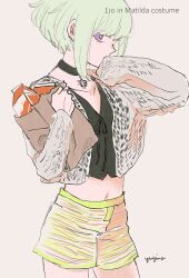 Rule 34 | 1boy, artist name, bag, black choker, black shirt, choker, cosplay, cowboy shot, cropped jacket, cropped shirt, english text, green hair, green shorts, hand on own face, highres, holding, holding bag, jacket, leon the professional, lio fotia, looking at viewer, looking to the side, male focus, mathilda lando, mathilda lando (cosplay), milk carton, navel, open clothes, open jacket, paper bag, pendant choker, print jacket, promare, purple eyes, shirt, short hair, shorts, sidelocks, simple background, sleeves past wrists, solo, trap, usagi812, white background