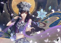 Rule 34 | 1girl, bell, bug, butterfly, crown, flower, glowing butterfly, hair ornament, insect, jewelry, midriff, moon, mountain, night, night sky, outstretched hand, purple shirt, purple skirt, qinshi mingyue, shi lan (qin shi ming yue), shi lan ba guan bo, shirt, skirt, sky, solo
