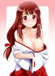 Rule 34 | 1girl, 3:, akai yui, bare shoulders, bell, blush, breasts, clothes down, hair bell, hair ornament, hair ribbon, japanese clothes, jingle bell, large breasts, long hair, low-tied long hair, miko, nipples, nose blush, o-net, original, red eyes, red hair, ribbon, solo, undressing, upper body, youkan