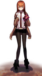 Rule 34 | 1girl, ankle boots, belt, blue eyes, blush, boots, cardigan, dress shirt, gift, hanbun, pantyhose under shorts, long hair, looking at viewer, makise kurisu, necktie, pantyhose, red hair, shirt, short shorts, shorts, solo, steins;gate