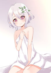 Rule 34 | 1girl, antenna hair, bed sheet, between legs, blush, brown eyes, closed mouth, collarbone, commentary request, flower, gradient background, hair between eyes, hair flower, hair ornament, hand between legs, hand up, highres, kokkoro (princess connect!), naked sheet, pointy ears, princess connect!, silver hair, simple background, sitting, smile, solo, suzu (minagi), white flower