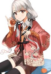 Rule 34 | 1girl, absurdres, black thighhighs, blush, brown eyes, collared shirt, food, fruit, grey hair, happi, highres, hisakawa nagi, holding, holding marker, idolmaster, idolmaster cinderella girls, japanese clothes, long hair, looking at viewer, low twintails, mandarin orange, marker, shirt, shorts, sitting, smile, solo, sweater, thighhighs, twintails, yano sou