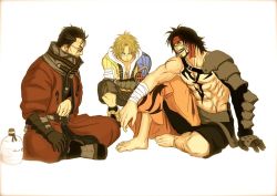 Rule 34 | 00s, 3boys, armor, auron, barefoot, black hair, blonde hair, chest tattoo, closed eyes, crossed legs, facial hair, father and son, final fantasy, final fantasy x, flask, jecht, male focus, misono24, multiple boys, muscular, open mouth, scar, shoes, sitting, squatting, sunglasses, tattoo, teeth, tidus, toes