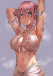 Rule 34 | 1girl, @ @, absurdres, arm behind head, armpit focus, armpits, arms up, blue background, blue eyes, blush, braid, breasts, cleavage, closed mouth, collar, covered erect nipples, criss-cross halter, cross hair ornament, detached sleeves, embarrassed, french braid, frills, frown, gloves, gold trim, grey background, hair between eyes, hair ornament, hair rings, halterneck, highres, large breasts, lips, medium hair, midriff, navel, nervous, official alternate costume, outstretched arm, pink hair, princess connect!, raised eyebrows, revealing clothes, sidelocks, sideways glance, simple background, skirt, solo, steaming body, sweat, underboob, upper body, white gloves, white skirt, yoioni, yui (ceremonial) (princess connect!), yui (princess connect!)