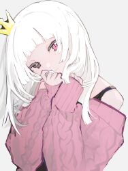 Rule 34 | 1girl, absurdres, bare shoulders, blunt bangs, closed mouth, commentary request, commission, crown, grey background, grey eyes, head tilt, heterochromia, highres, kajiwara 3, knit sweater, long hair, long sleeves, looking at viewer, mini crown, off-shoulder sweater, off shoulder, original, pink sweater, red eyes, sidelocks, simple background, skeb commission, sleeves past wrists, smile, solo, sweater, upper body, white hair