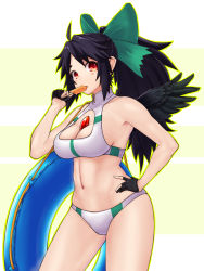 Rule 34 | 1girl, adapted costume, ahoge, armpits, bare arms, bare shoulders, between breasts, bikini, bird wings, black hair, black wings, bow, breasts, cleavage, cleavage cutout, clothing cutout, eating, gloves, green bow, haiiro gundan, hair bow, hand on own hip, hand up, high ponytail, highres, innertube, long hair, looking at viewer, medium breasts, navel, partially fingerless gloves, ponytail, red eyes, reiuji utsuho, slit pupils, solo, stomach, swim ring, swimsuit, third eye, toned, touhou, wings