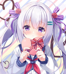 Rule 34 | 1girl, blush, confession, dot nose, fengshen chino, hair between eyes, highres, holding, original, purple eyes, school uniform, serafuku, solo, tagme, twintails, valentine, white hair