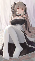 Rule 34 | 1girl, absurdly long hair, absurdres, azur lane, between breasts, black dress, breasts, cleavage, clothing cutout, detached collar, dress, formidable (azur lane), frilled dress, frills, full body, grey hair, hair ribbon, highres, hoshibudou, large breasts, long hair, looking at viewer, necktie, necktie between breasts, pantyhose, red eyes, ribbon, shoulder cutout, sitting, solo, twintails, two-tone dress, two-tone ribbon, very long hair, white pantyhose