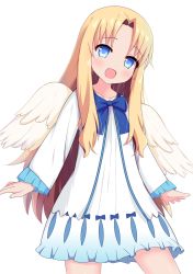 Rule 34 | 1girl, angel wings, blonde hair, blue bow, blue eyes, blush, bow, collarbone, commentary request, dress, feathered wings, filo (tate no yuusha no nariagari), head tilt, highres, long hair, long sleeves, parted bangs, sidelocks, simple background, sleeves past wrists, solo, tate no yuusha no nariagari, very long hair, white background, white dress, white wings, wings, xiaosamiao