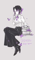 Rule 34 | 1girl, absurdres, black footwear, black hair, black skirt, blouse, book, book stack, bug, butterfly, character name, chi ya, closed mouth, commentary, falling petals, from side, full body, grey background, hair ribbon, hand in own hair, highres, insect, kimetsu no yaiba, kochou shinobu, limited palette, long skirt, long sleeves, looking at viewer, multicolored hair, neck ribbon, no pupils, petals, purple eyes, purple hair, purple ribbon, ribbon, shirt, short hair, simple background, sitting, skirt, smile, solo, streaked hair, twitter username, white shirt