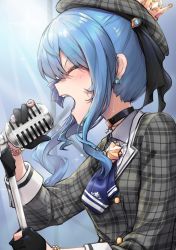Rule 34 | 1girl, black choker, black gloves, blouse, blue hair, blue nails, blush, choker, closed eyes, earrings, from side, gloves, grey hat, grey shirt, hat, highres, holding, holding microphone, holding microphone stand, hololive, hoshimachi suisei, hoshimachi suisei (1st costume), jewelry, long hair, long sleeves, microphone, microphone stand, nail polish, open mouth, partially fingerless gloves, plaid, plaid headwear, plaid shirt, profile, shirt, sidelocks, solo, star (symbol), star earrings, upper body, virtual youtuber, zooanime