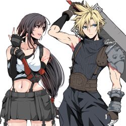 Rule 34 | 1boy, 1girl, artist name, bare shoulders, black pants, black sweater vest, blonde hair, blue eyes, brown eyes, brown hair, brown shorts, cloud strife, crazy02oekaki, elbow gloves, final fantasy, final fantasy vii, fingerless gloves, gloves, highres, holding, holding sword, holding weapon, lips, long hair, looking at another, midriff, navel, pants, pink lips, ribbed sweater, shorts, shoulder guard, spiked hair, suspenders, sweater, sweater vest, sword, sword behind back, tifa lockhart, weapon, white background, wrist guards