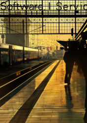 Rule 34 | 1boy, absurdres, bad id, bad pixiv id, building, english text, gd. fengzi, highres, railroad tracks, scenery, silhouette, tactile paving, traffic light, train, train station, twilight