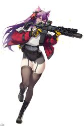 Rule 34 | 1girl, absurdres, animal ear fluff, animal ears, aronman, boots, garter straps, gloves, highres, holding, holding weapon, jacket, long hair, original, purple eyes, purple hair, shorts, smile, solo, standing, standing on one leg, strap, thighhighs, thighs, weapon, white background