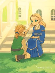 Rule 34 | 1boy, 1girl, arm up, belt, blonde hair, blue dress, blush, boots, brown footwear, brown shirt, child, crying, day, dress, earrings, flat chest, forehead, from behind, full body, grass, green eyes, green vest, hair tie, hand on another&#039;s face, hands on lap, japanese text, jewelry, juliet sleeves, knee boots, layered sleeves, link, long hair, long sleeves, looking at another, nintendo, on stairs, on one knee, open mouth, outdoors, outstretched arm, own hands together, pointy ears, ponytail, princess zelda, puffy sleeves, shijima (4jima), shirt, short hair, sidelocks, sitting, stairs, tabard, tears, the legend of zelda, the legend of zelda: breath of the wild, tiara, translation request, tree, vest, window, aged down