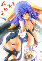 Rule 34 | 1girl, arc system works, asymmetrical wings, blue hair, breasts, dizzy (guilty gear), fct, guilty gear, huge breasts, large breasts, red eyes, sara da pranzo, sdp, solo, tail, thighhighs, wings