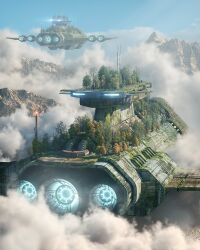 Rule 34 | above clouds, absurdres, aircraft, airship, annibale siconolfi, blue eyes, cloud, commentary, day, english commentary, flying, highres, moss, mountain, no humans, original, outdoors, overgrown, scenery, science fiction, sky, tree