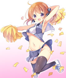 Rule 34 | 1girl, ahoge, arm up, armpits, bare shoulders, black thighhighs, blue shirt, blue skirt, blush, bow, breasts, cheerleader, clothes lift, commentary request, confetti, full body, gochuumon wa usagi desu ka?, gradient background, groin, hair bow, highres, hoto cocoa, jumping, kurou (quadruple zero), looking at viewer, medium breasts, midriff, navel, no bra, no panties, open mouth, orange hair, outline, pleated skirt, pom pom (cheerleading), purple eyes, sailor collar, shirt, shirt lift, shoes, short hair, skirt, skirt grab, sleeveless, sleeveless shirt, smile, sneakers, solo, striped, striped bow, thighhighs, twintails, two-tone background, underboob, white footwear, white outline