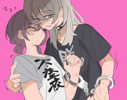 Rule 34 | 2girls, black choker, black shirt, blush, brown hair, choker, closed eyes, closed mouth, commentary request, cuffs, earclip, girls band cry, green eyes, grey hair, hand on another&#039;s shoulder, handcuffs, iseri nina, jhon trick, kawaragi momoka, multiple girls, parted lips, pink background, shared handcuffs, shirt, short twintails, simple background, sweatdrop, twintails, upper body, white shirt, yuri, zzz