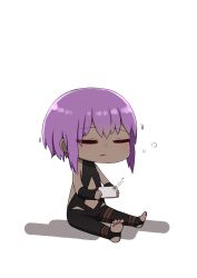 Rule 34 | 1girl, :t, = =, bare shoulders, black bodysuit, bodysuit, cellphone, chibi, closed eyes, closed mouth, dark-skinned female, dark skin, facing viewer, fate/prototype, fate/prototype: fragments of blue and silver, fate (series), hassan of serenity (fate), highres, holding, holding phone, i.u.y, no shoes, phone, purple hair, shadow, sitting, soles, solo, stirrup legwear, toeless legwear, translation request, white background