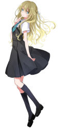 Rule 34 | 1girl, black socks, blonde hair, blue eyes, blush, bow, dress, female focus, finger to mouth, floating, hair bow, hair ornament, hair ribbon, kneehighs, koto (colorcube), loafers, long hair, looking at viewer, necktie, original, ribbon, school uniform, shoes, simple background, socks, solo, straight hair, uniform, white background