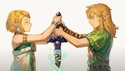 Rule 34 | 1boy, 1girl, archaic set (zelda), armlet, bare shoulders, blonde hair, blue eyes, braid, closed eyes, commentary request, crown braid, dress, ear piercing, earrings, from side, glowing, green dress, hair ornament, highres, holding, holding sword, holding weapon, jewelry, link, long hair, master sword, nintendo, piercing, pointy ears, princess zelda, profile, rust, short hair, sidelocks, simple background, strapless, strapless dress, sword, the legend of zelda, the legend of zelda: tears of the kingdom, triforce print, two-tone dress, weapon, white background, white dress, wufaxianshi cnd